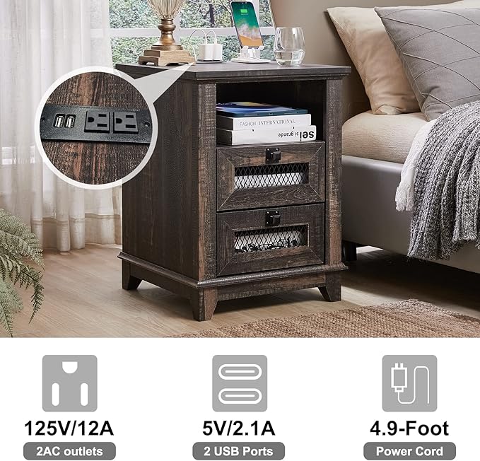OKD Nightstand with Charging Station, 18'' Industrial & Farmhouse End Table with 2 Drawers & Open Cubby, Rustic Mesh Drawer Sofa Side Table w/Storage for Bedroom, Living Room, Office, Dark Rustic Oak-Ruum Studio Home