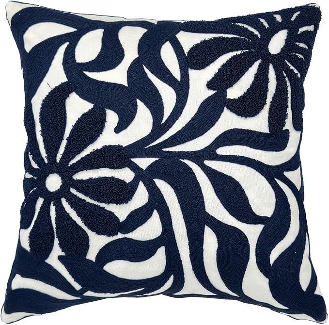 Alysheer Farmhouse Floral Leaves Embroidered Decorative Throw Pillow Cover 18x18 inches, Boho Tufted Flowers Embroidery Pattern Chic Cotton Cushion Case for Couch Bed Sofa Living Room(Navy Blue)-Ruum Studio Home