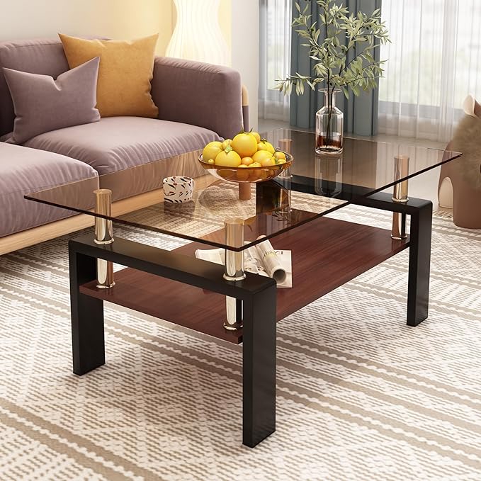 39" Brown Glass Coffee Table Walnut Modern Living Room Center Table Rectangle, with Wooden MDF Storage Layer, Black Metal Leg, for Small Apartment and Office, Brown-Ruum Studio Home