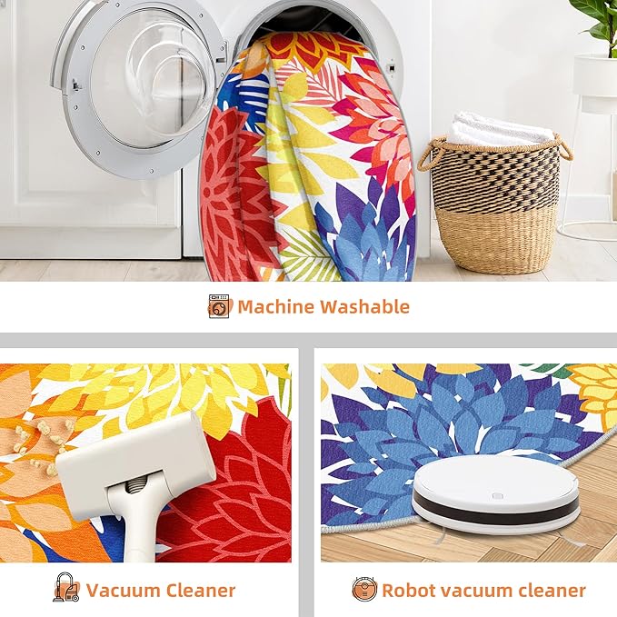 Indoor Outdoor 6FT Round Area Rug Washable Rugs Multicolored Patio Rug Tropical Botanical Modern Floral Indoor Outdoor Round Carpet Non Slip for RV, Pool Deck, Backyard, Porch-Ruum Studio Home