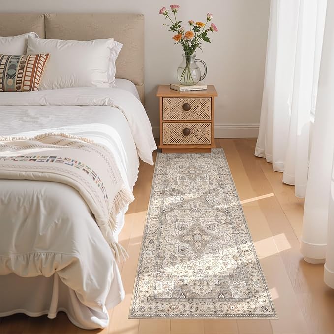 Washable 2x6 Runner Rug - Area Rugs Neutral Vintage Distressed Floral Farmhouse Boho Large Soft Floor Rug Indoor Carpet for Hallway Entryway Bedroom Kitchen - Brown/Multi-Ruum Studio Home