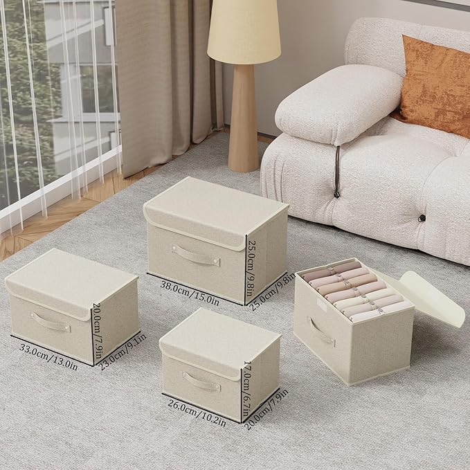 Storage Boxes, Collapsible Storage Bins with Lids, Cotton and linen cloth Storage Baskets with Handle, for Books, Closet, Bedroom, Home, 13x9.1x7.9 in, Grey and Beige-Ruum Studio Home