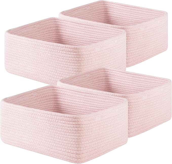 OIAHOMY 4 Pack 14.17*11.02*6.3IN Storage Baskets for Organizing Shelves, Woven Rope Baskets for Organizing Books, Clothes, Decorative Basket for Living Room, Nursery, Bedroom, Gift Basket, Pink-Ruum Studio Home