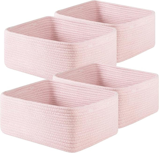 OIAHOMY 4 Pack 14.17*11.02*6.3IN Storage Baskets for Organizing Shelves, Woven Rope Baskets for Organizing Books, Clothes, Decorative Basket for Living Room, Nursery, Bedroom, Gift Basket, Pink-Ruum Studio Home