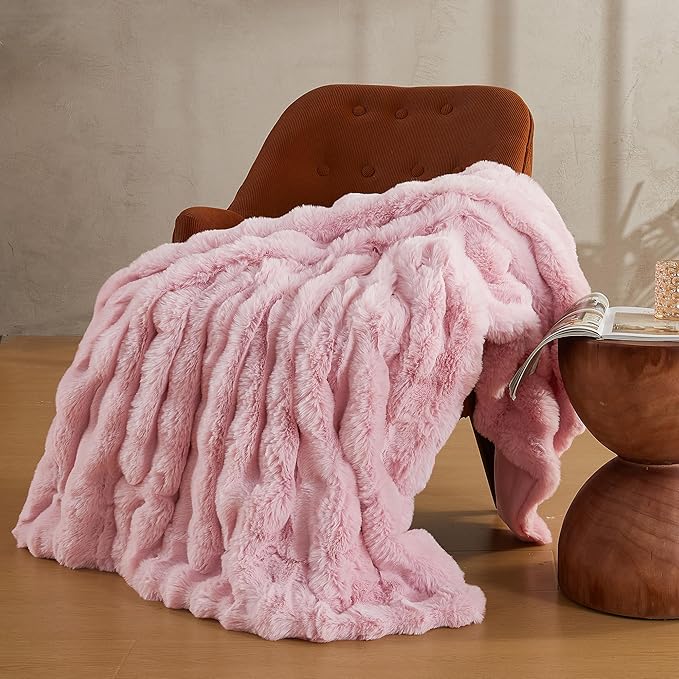 JELLYMONI Faux Fur Throw Blanket, Pink Cozy Plush Bubble Bed Blanket, Thick and Warm, 50" X 60"-Ruum Studio Home