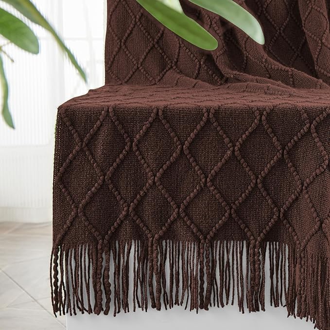 inhand Knitted Throw Blankets for Couch and Bed, Soft Cozy Knit Blanket with Tassel, Diamond Brown Lightweight Decorative Blankets and Throws, Farmhouse Warm Woven Blanket for Men and Women, 50"x60"-Ruum Studio Home