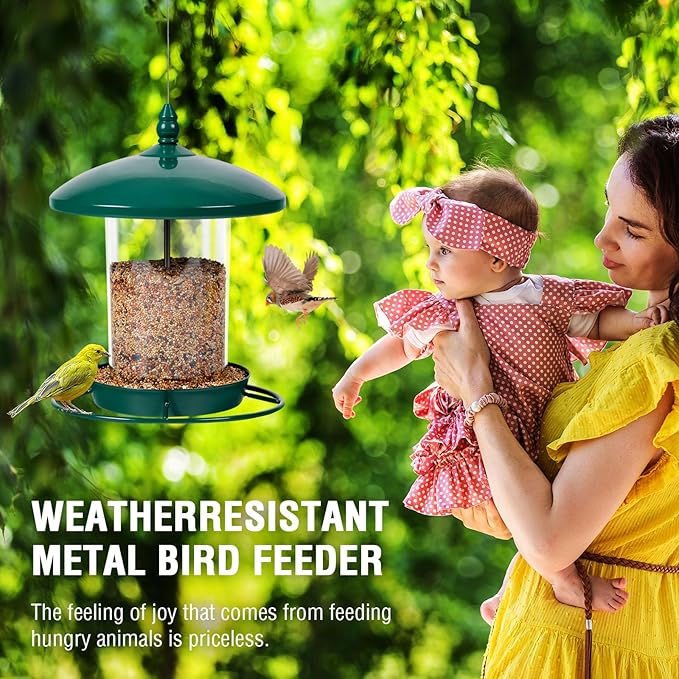 Metal Bird Feeder for Outdoors Hanging,3.0LB Seed Feeder,Easy to Fill & Clean,360° Feeding,Chew Proof Weatherproof Roof for Gardens and Wild Birds,Green-Ruum Studio Home