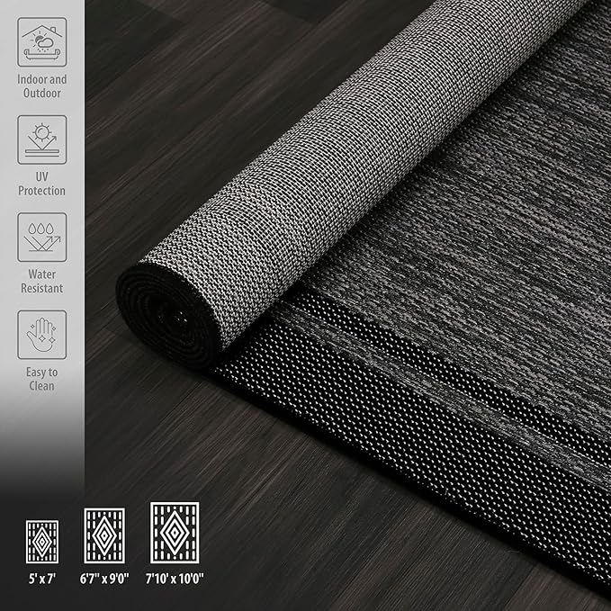 CAMILSON Indoor Outdoor Rug, 8x10 Bordered Dark Gray Black Modern Area Rugs for Indoor and Outdoor Patios, Kitchen and Hallway Mats, Washable Porch Deck Outside Carpet (Bordered Black, 8 x 10)-Ruum Studio Home