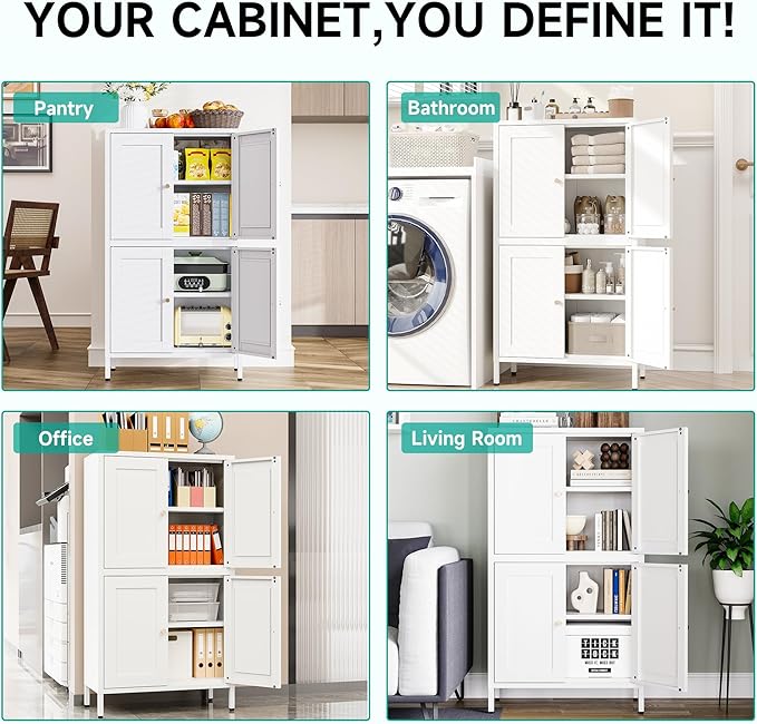 White Storage Cabinet with 4 Doors and 2 Adjustable Shelves,Narrow Food Pantry Cabinet with Leg,24 inch Wide Bathroom Cabinets,Small Metal Storage Cabinets for Home Kitchen,Dining/Living/Laundry/Room-Ruum Studio Home