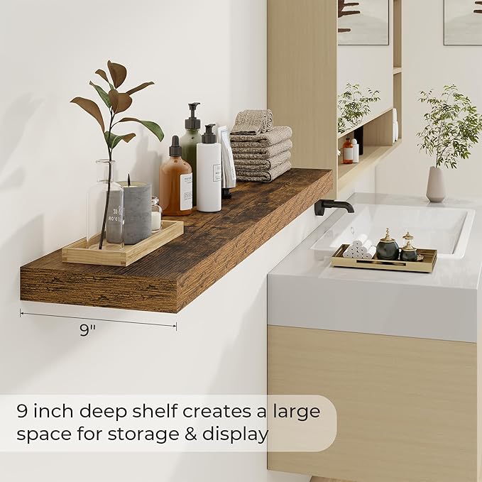 48 inch Floating Shelves for Wall Large Wall Mounted Shelves with Invisible Brackets, Brown Long Shelves for Bathroom, Living Room, Kitchen, Office, 48x9.1 inch deep Set of 2-Ruum Studio Home