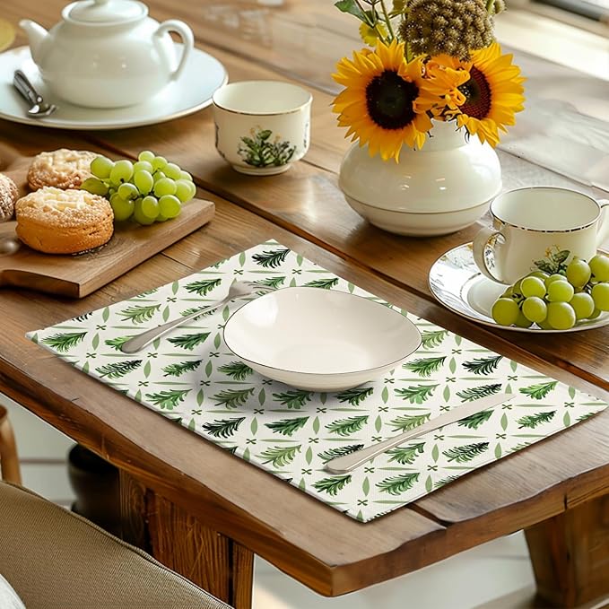 Sage Green Pine Tree Christmas Placemats Set of 4 Xmas Farmhouse Rustic Style Print Place Mat Seasonal Winter Holiday Linen Table Mats for Indoor Outdoor Kitchen Dining Party Decor-Ruum Studio Home