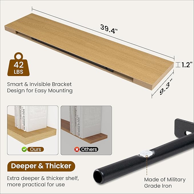 Fun Memories 40" Rustic Wood Floating Shelves with Invisible Brackets for Storage & Decor, Deep Wall Mounted Shelves for Bathroom, Kitchen, Living Room (Oak, Set of 2)-Ruum Studio Home