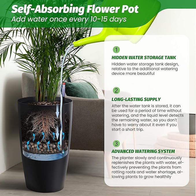 22" Tall Round Planter Set of 2, Self Watering Pots for Indoor Plants, Large Flower Pot Outdoor with Built-in Drainage and a Water Level Monitor, for Patio, Porch, Living Room, or Home Office, Black-Ruum Studio Home