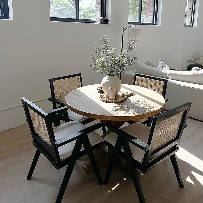 Rattan Dining Chairs Set of 2, Farmhouse Wicker Dining Chairs with Removable Linen Cushion Accent Cane Armchair for Dining Room Kitchen Restaurant, Black-Ruum Studio Home