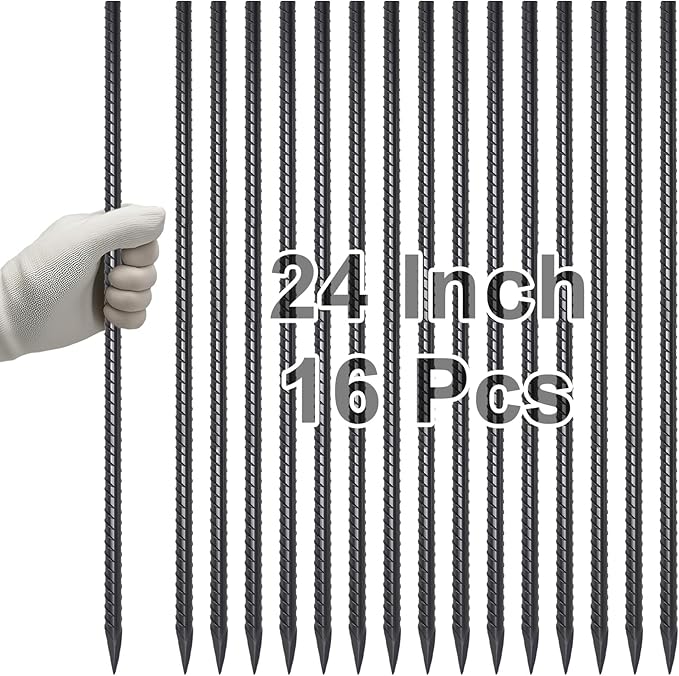 VVOKGO Rebar Stakes 24 Inch Ground Straight Concrete Form Stakes Heavy Duty (16pcs), 3/8" Diameter Metal Steel Spikes Anchors with Chisel Point End for Plant Support, Garden Border,Landscape Edging-Ruum Studio Home