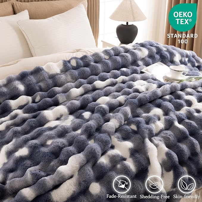 Cozy Faux Fur Throw Blanket for Couch-Warm Fuzzy Throw Blanket, Soft Plush Thick Bubble Blankets for Bedroom and Living Room, Furry Luxury Blanket, 50 x 60,Tie-Dye Blue-Ruum Studio Home