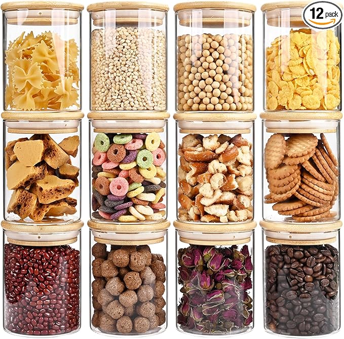 17oz Glass Food Storage Jars, Glass Jars with Bamboo Lids, Kitchen Storage Jars, Set of 12, Canisters with Airtight Lids for Spice, Coffee, Cookie, Pantry Organizers-Ruum Studio Home