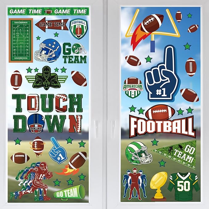 Football Window Clings, Football Party Decorations, Touch Down Party Window Stickers, Green Brown Themed Stickers Decal Gel for Touchdown Party Decor Accessories Set-Ruum Studio Home
