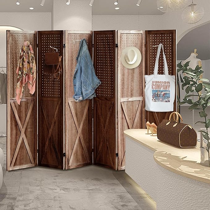 6 Panel Pegboard Room Divider, 5.6Ft Pegboard Display Folding Privacy Screens, Wood Room Divider Peg Board Display Freestanding for Trade Show Craft Show Home Wall Organizer, Brown-Ruum Studio Home
