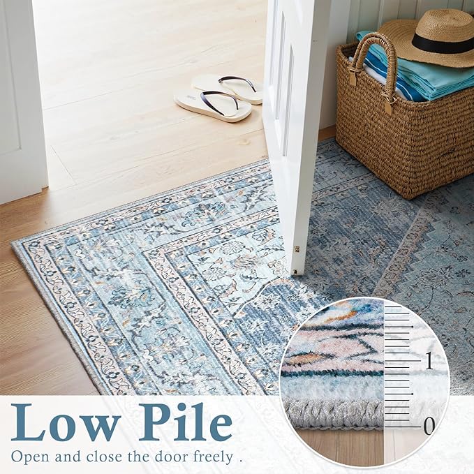 DCX Machine Washable Blue and Beige Area Rugs 5x7, Non Slip Stain Resistant Vintage Floral Rug for Living Room Bedroom Nursery, Soft Low Pile Large Carpet-Ruum Studio Home