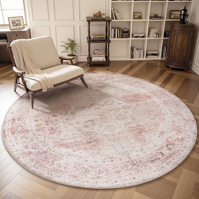 AMOAMI 6FT Round Vintage Soft Pink Rug - Non Slip Circle Machine Washable Rug for Living Room, Bedroom, Office Under Table-Ruum Studio Home