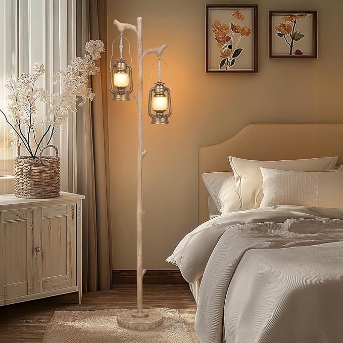 Scenekoy Vintage 68” Tall Floor Lamp with Lanterns, Retro Standing Lamp Tree Trunk Finish & Resin Body, Rustic Dimmable Corner Lamp Stand Up Light with Bulb Prefer for Living Room Bedroom Home Decor-Ruum Studio Home