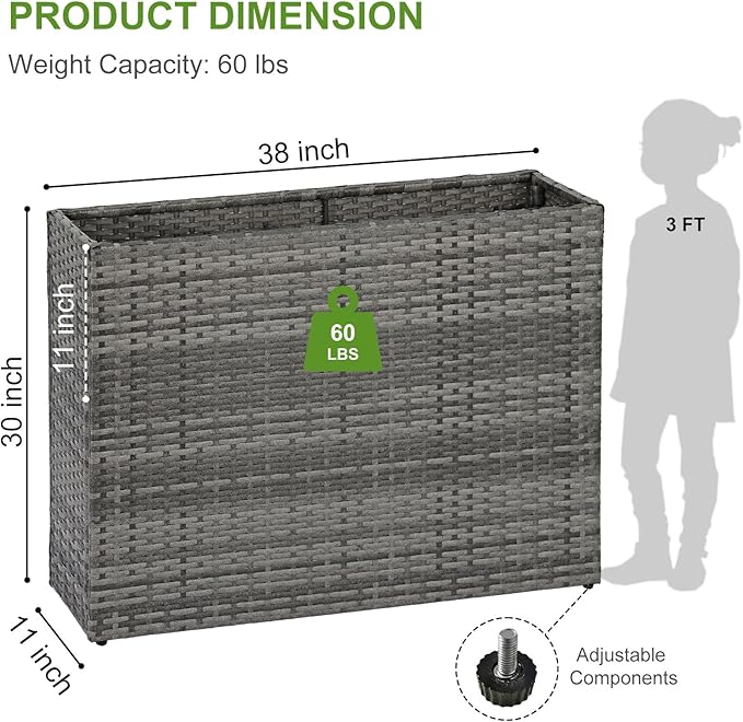 LEWIS&WAYNE Large Rectangular Block Planter Box Handmade Wicker Tall Planters for Outdoor Plants with Removable Liners Modern Planter for Indoor Outdoor Patio Deck - Gray, 38''x11''x30''-Ruum Studio Home