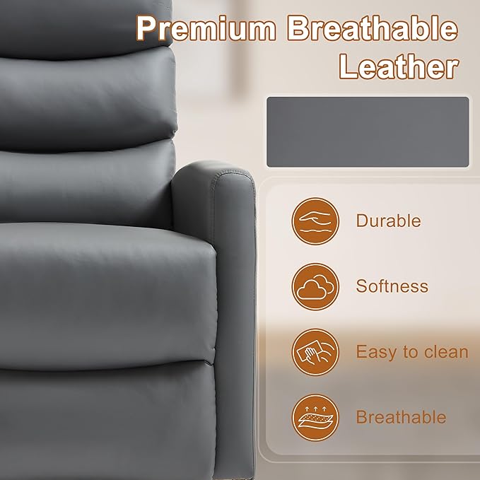 Manual Swivel Rocker Recliner Chair for Adults, Overstuffed Reclining Glider Chair for Nursing with Vibration Massage & Heat, Living Room Rocking Recliner 3-Stage backrest, Faux Leather Gray-Ruum Studio Home
