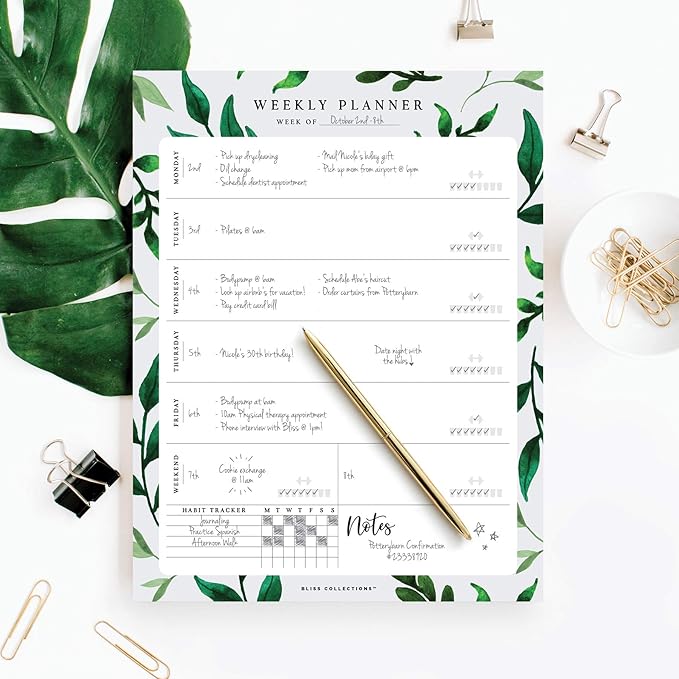 Bliss Collections Weekly Planning Pad, Desk Calendar - Greenery - Undated Tear-Off Sheets Notepad - Calendar, Organizer, Scheduler for Goals, Tasks, Ideas, Notes & To-Do Lists - 8.5" x 11", 50 Sheets-Ruum Studio Home