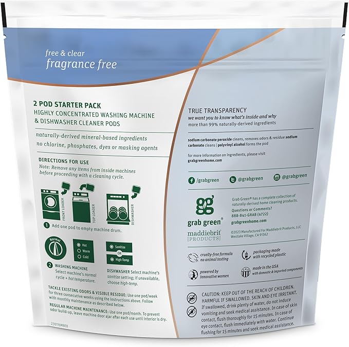 Grab Green Washing Machine Cleaner, 2 Count, Fragrance Free, Mineral Based Removes Deposits and Odors, Naturally Cleans-Ruum Studio Home