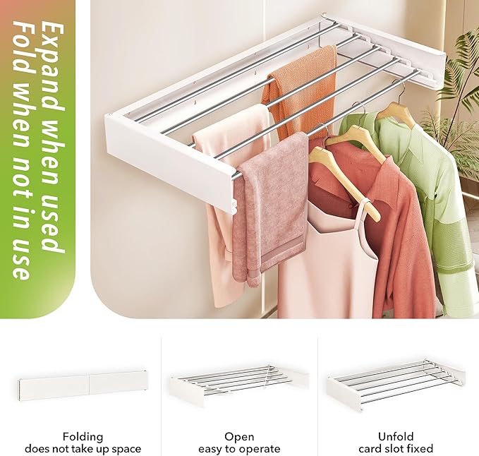 Wall Mounted Clothes Drying Rack 32 inches,Foldbale Laundry Drying Rack Wall Mount,Drying Rack Clothing Space Saver,Retractable,Collapsible,Folding Laundry Rack,White-Ruum Studio Home
