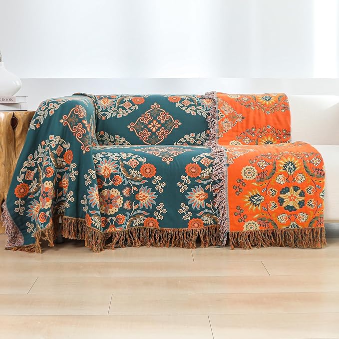 Fall Throw Blanket for Couch Bed Chair,100% Cotton Soft Lightweight Blanket Rustic Quilt -Orange Floral Printed Farmhouse Decor Bed All Season Blankets,60"×80"-Ruum Studio Home