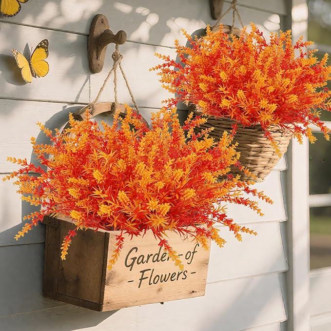 Geegoods 16 Bundles Artificial Fall Flowers Outdoor – Faux Lavender Flowers with Monkey Grass UV Resistant Plastic Faux Plants for Halloween Front Door Porch Patio Yard Balcony Decor, Orange Color-Ruum Studio Home