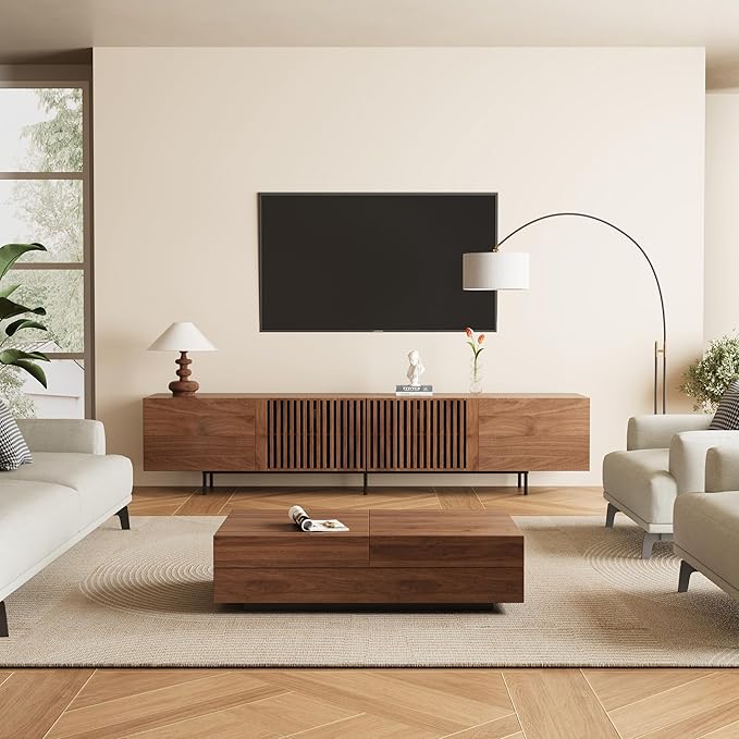Mid Century Modern TV Stand for 80+ Inch TVs, 94.48" Walnut Console with Ample Storage – Stylish Entertainment Center for Living Room or Bedroom-Ruum Studio Home