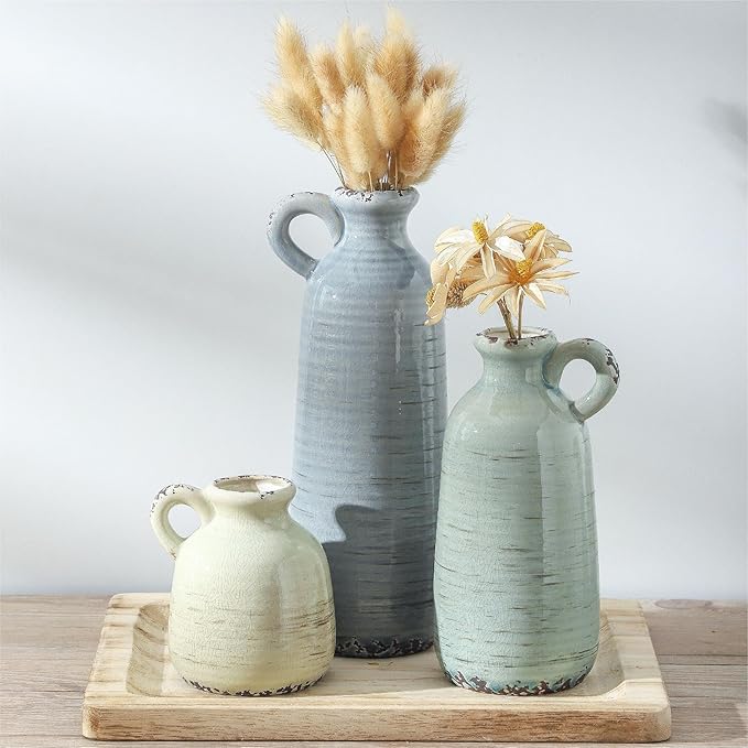 Ceramic Vase Set of 3 | Neutral Vase Home Decor with Handle | Pottery Modern Farmhouse Vases Pampas Grass Flower Vases for Home Decor Table Living Room Centerpieces Mantel Decor - Multicolor-Ruum Studio Home