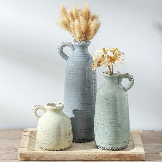 Ceramic Vase Set of 3 | Neutral Vase Home Decor with Handle | Pottery Modern Farmhouse Vases Pampas Grass Flower Vases for Home Decor Table Living Room Centerpieces Mantel Decor - Multicolor-Ruum Studio Home