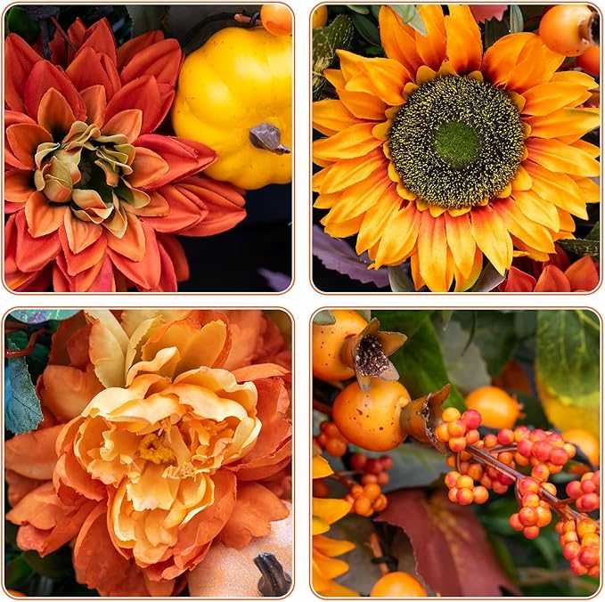 Fall Wreaths for Front Door 24 Inch Autumn Wreath with Sunflowers, Orange Dahlias, Maple Leaves & Berries – Fall Door Wreath for Outdoor or Indoor Thanksgiving Decor-Ruum Studio Home
