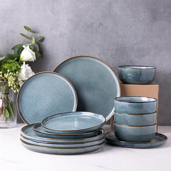 GBHOME Ceramic Dinnerware Sets for 4, 12 Pieces Stoneware Plates and Bowls Sets, Reactive Glaze Dishes -Scratch Resistant, Dishwasher&Microwave Safe, Space Blue-Ruum Studio Home