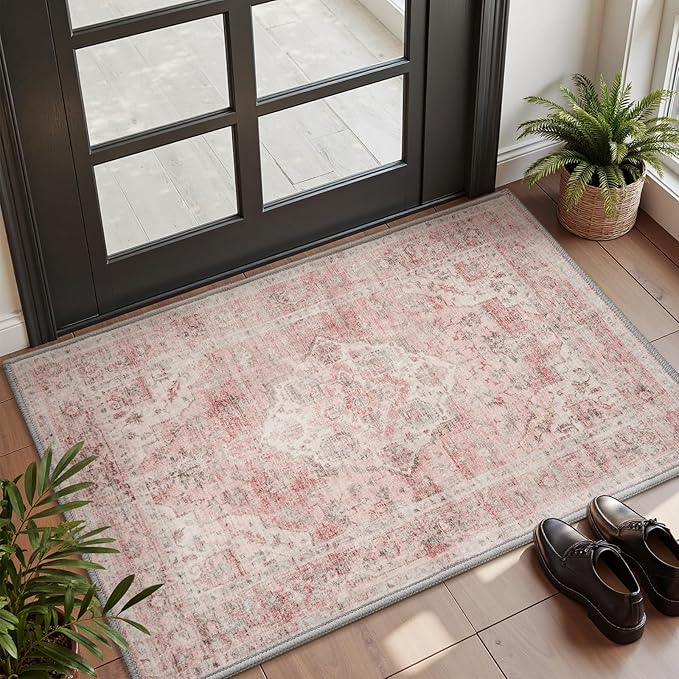 AMOAMI-2X3 Small Rug-Washable Rugs Entryway Mat Indoor-Soft Vintage Non Slip Rugs for Kitchen Laundry Room Bathroom Pink Decorative Accent Rug for in Front of Sink 24 Inch x36 Inch-Ruum Studio Home