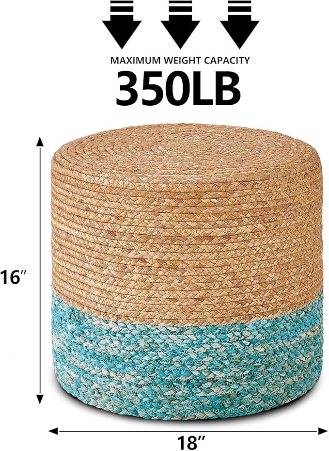 Wimarsbon 18'' Ottoman Pouf, Natural Braided Poof, Rustic Handweave Lounge Pouffe, Boho Footrest Stool for Bedroom, Accent Table for Living Room (Natural Water Hyacinth + Lake Blue Corn Husk)-Ruum Studio Home