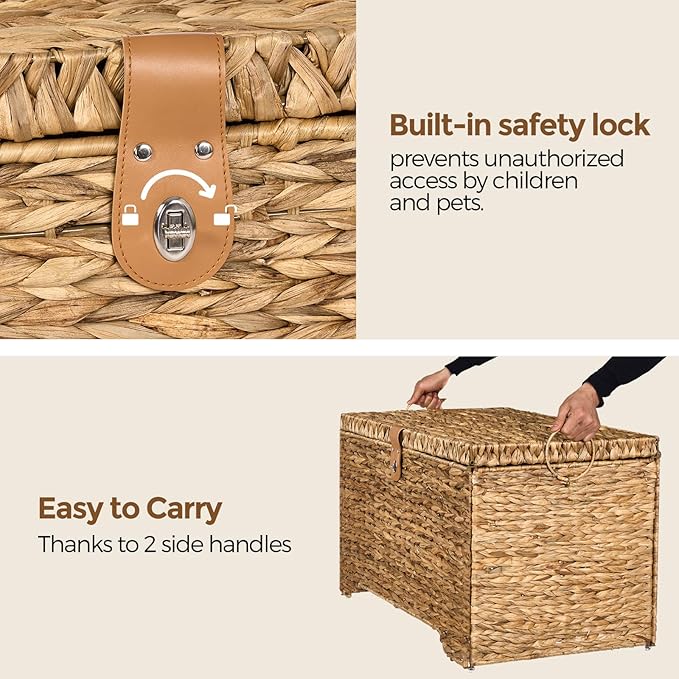 Handwoven Storage Basket with Lid, 165L Wicker Storage Bin, Natural Water Hyacinth, Leather Buckle & Metal Frame, Metal Ring Handles for Easy Transport, Storage Chest & Trunk for Bedroom, Living Room-Ruum Studio Home