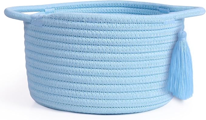 Empty Gift Basket – SweetMemo Mini Woven Rope Organizer Baskets for Gifting, Baby Shower, Desk, Makeup Brushes, Bathroom, Shelves – Small Decorative Storage Bin with Gift Bag & Ribbon – Soft Blue-Ruum Studio Home