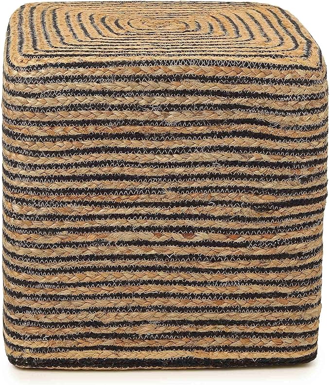 REDEARTH · Cube Pouf Foot Stool Ottoman - Jute Braided Pouffe Poof Accent Sitting Footrest for The Living Room, Bedroom, Nursery, Patio, Lounge 50% Jute 50% Cotton (14.5”x14.5”x16”; Natural Black)-Ruum Studio Home