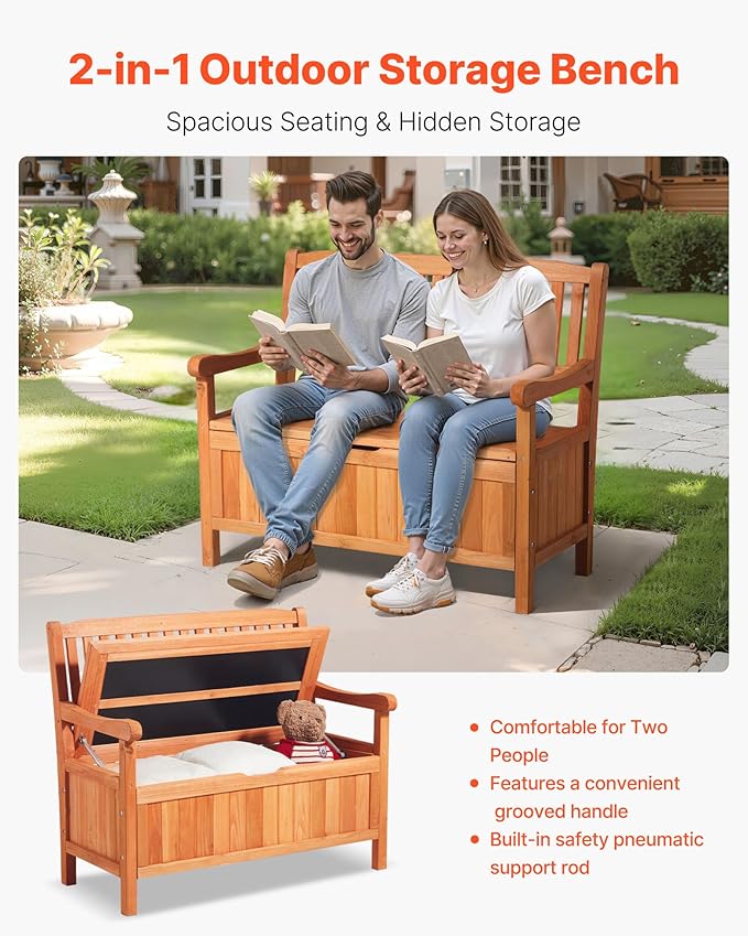 VEVOR Outdoor Storage Bench, 2-Person Wooden Storage Bench, 33 Gallons Deck Box with Side Handle, Supports up to 705 lbs, Weatherproof Outdoor Seating & Porch Decor, for Patio Garden Balcony Yard-Ruum Studio Home