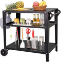 Black Outdoor Grill Cart with Wheels, Heavy-Duty 3-Tier BBQ Prep Table for Pizza Oven, Griddle, Patio – Rustproof Commercial Kitchen Cart with Tool Hooks-Ruum Studio Home
