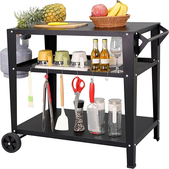 Black Outdoor Grill Cart with Wheels, Heavy-Duty 3-Tier BBQ Prep Table for Pizza Oven, Griddle, Patio – Rustproof Commercial Kitchen Cart with Tool Hooks-Ruum Studio Home