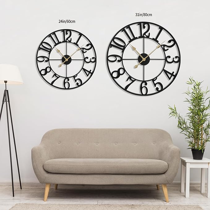 LEIKE 31 Inch Extra Large Wall Clock, Retro Decorative Oversized Silent Little Ticking Battery Operated,Black Metal Arabic Numerals Wall Clocks for Living Room,Office,Entrance Farmhouse Decor-Ruum Studio Home