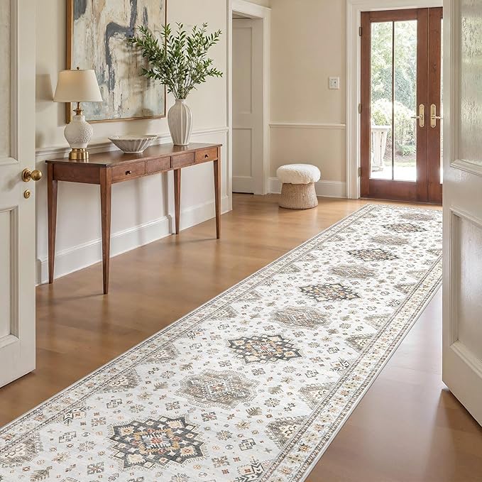 Washable 3x20 Runner Rug - Area Rugs Neutral Vintage Distressed Floral Farmhouse Boho Large Soft Floor Rug Indoor Carpet for Hallway Entryway Home - Blue Brown-Ruum Studio Home