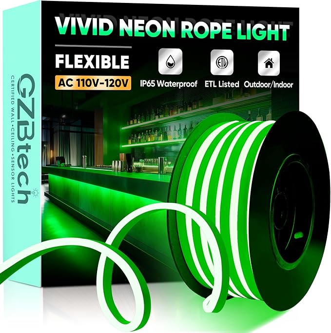 GZBtech Flexible LED Neon Rope Lights 16.4FT,AC 110-120V Waterproof Strip Light, 120 LEDs/M Cuttable Connectable Neon Lighting for Indoor Outdoor Home Decor/Commercial Building Use-Green 5M-Ruum Studio Home
