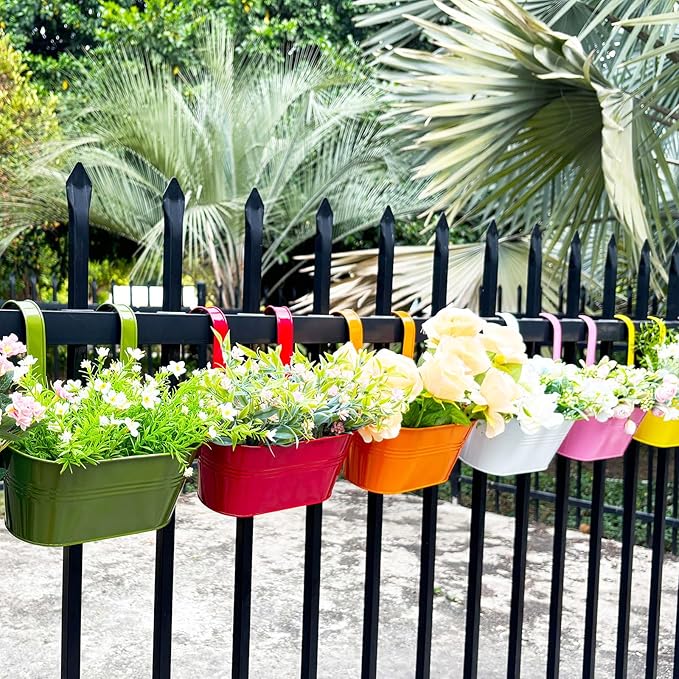 6 Pcs Railing Planter, 10" Metal Hanging Flower Pots for Outdoor Balcony Rails, Fence Pot Hanging Plant Holders with Detachable Hooks for Garden Patio Yard Decor (Multi-Color, 6Pcs)-Ruum Studio Home